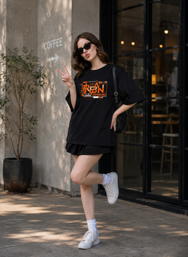 Women Oversized Black T-Shirt | Urban Experience Graphic Print | Premium Loopknit Cotton 240 GSM | Streetwear Style by Giftspeaks