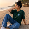 Women Oversized Graphic T-Shirt | Blue Floral Turtle Back Print | Loopknit 240 GSM Cotton | Relaxed Fit Drop Shoulder Casual Tee