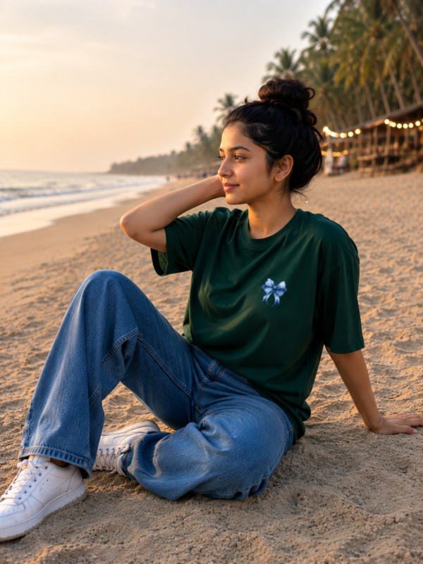 Women Oversized Graphic T-Shirt | Blue Floral Turtle Back Print | Loopknit 240 GSM Cotton | Relaxed Fit Drop Shoulder Casual Tee