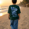 Women Oversized Graphic T-Shirt | Blue Floral Turtle Back Print | Loopknit 240 GSM Cotton | Relaxed Fit Drop Shoulder Casual Tee