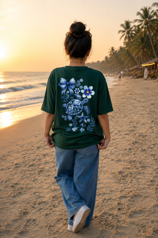 Women Oversized Graphic T-Shirt | Blue Floral Turtle Back Print | Loopknit 240 GSM Cotton | Relaxed Fit Drop Shoulder Casual Tee