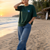 Women Oversized Graphic T-Shirt | Blue Floral Turtle Back Print | Loopknit 240 GSM Cotton | Relaxed Fit Drop Shoulder Casual Tee