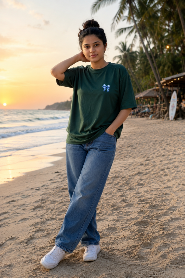 Women Oversized Graphic T-Shirt | Blue Floral Turtle Back Print | Loopknit 240 GSM Cotton | Relaxed Fit Drop Shoulder Casual Tee