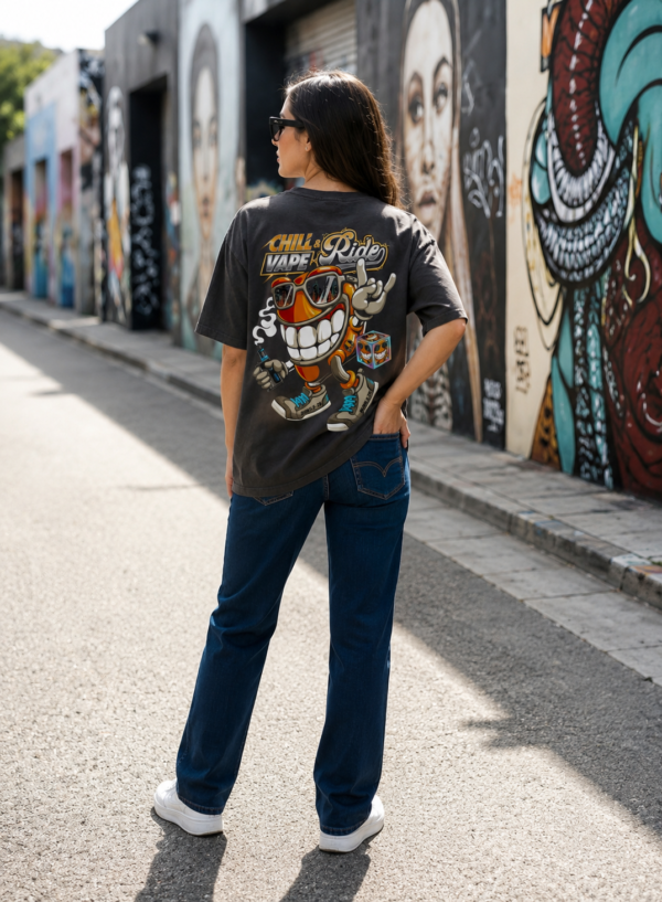 ChatGPT Image Aug 14, 2026, 03_37_55 PM Women Oversized Graphic T-Shirt | Chill Ride Cartoon Back Print | Loopknit 240 GSM Cotton | Relaxed Streetwear Drop Shoulder Tee