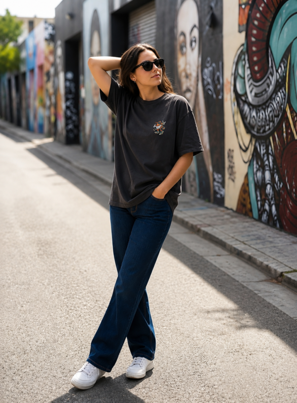 ChatGPT Image Aug 14, 2026, 03_37_57 PM Women Oversized Graphic T-Shirt | Chill Ride Cartoon Back Print | Loopknit 240 GSM Cotton | Relaxed Streetwear Drop Shoulder Tee