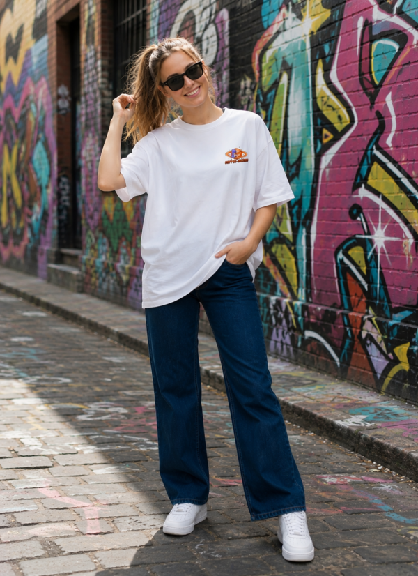 ChatGPT Image Aug 14, 2026, 03_49_12 PM Women Oversized Graphic T-Shirt | Coffee & Space Cartoon Print | Loopknit 240 GSM Cotton | Relaxed Fit Casual Streetwear Tee
