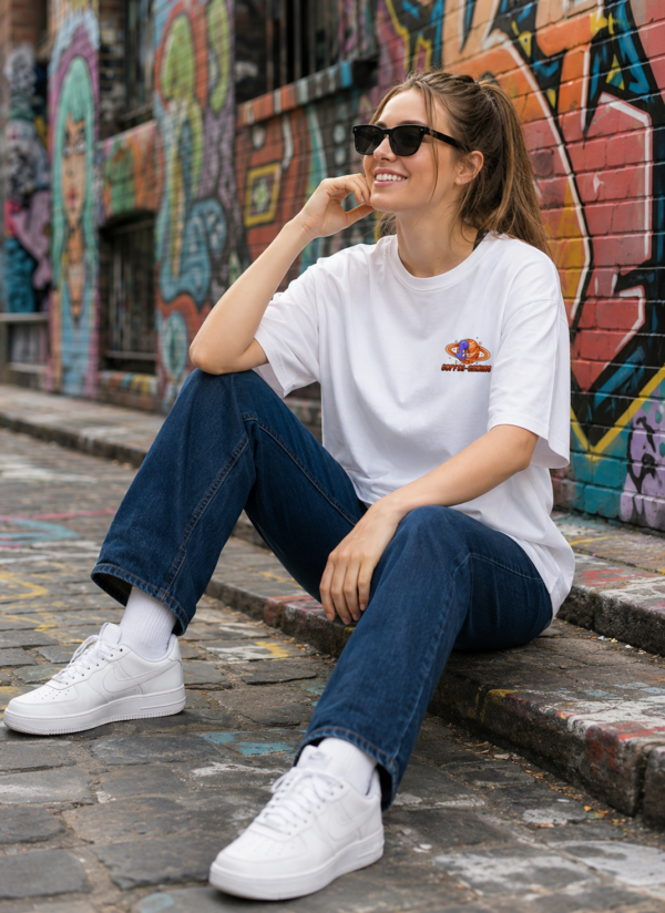 ChatGPT Image Aug 14, 2026, 03_49_14 PM Women Oversized Graphic T-Shirt | Coffee & Space Cartoon Print | Loopknit 240 GSM Cotton | Relaxed Fit Casual Streetwear Tee