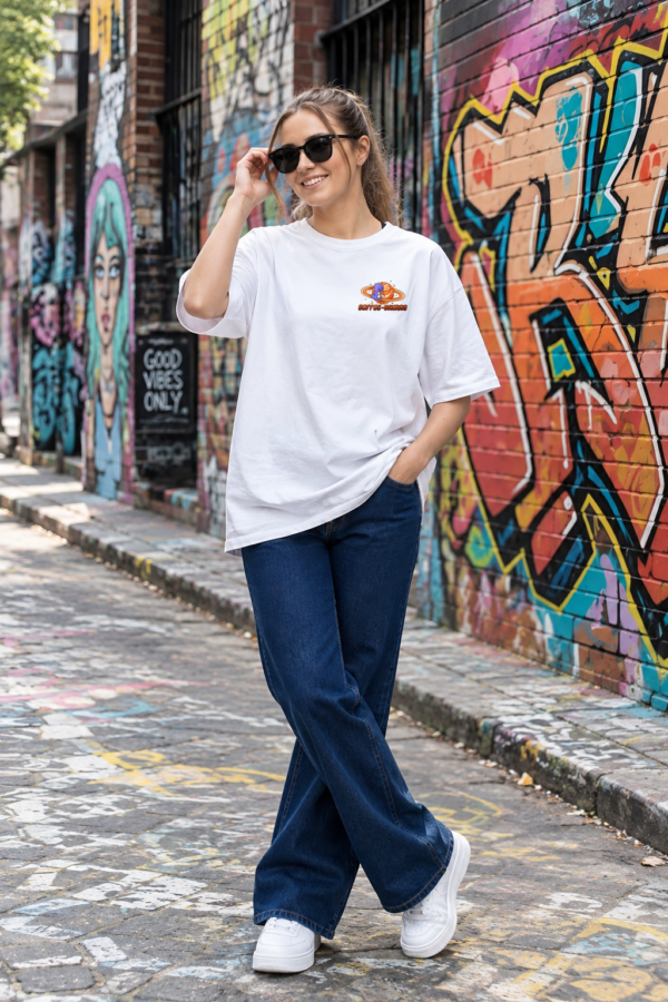 ChatGPT Image Aug 14, 2026, 03_49_20 PM Women Oversized Graphic T-Shirt | Coffee & Space Cartoon Print | Loopknit 240 GSM Cotton | Relaxed Fit Casual Streetwear Tee