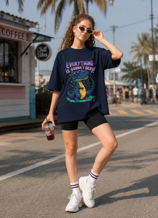 Women Oversized Graphic T-Shirt | Cute Dino Positive Quote Print | Loopknit 240 GSM Casual Streetwear Tee