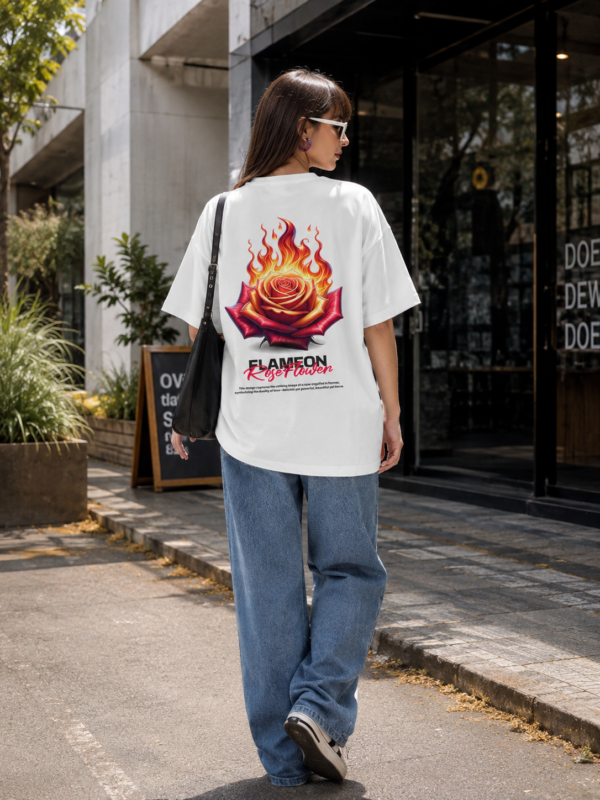 Women Oversized Graphic T-Shirt | Flaming Rose Back Print | Loopknit 240 GSM Bold Streetwear Tee