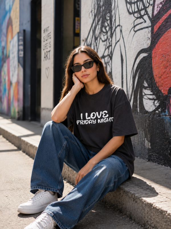 ChatGPT Image Aug 14, 2026, 05_07_02 PM Women Oversized Graphic T-Shirt | I Love Friday Night Print | Cute Cartoon Back Design | Loopknit 240 GSM Cotton | Relaxed Fit Casual Tee