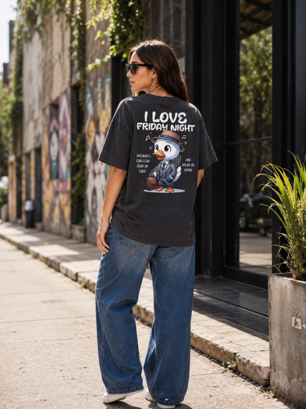 ChatGPT Image Aug 14, 2026, 05_07_04 PM Women Oversized Graphic T-Shirt | I Love Friday Night Print | Cute Cartoon Back Design | Loopknit 240 GSM Cotton | Relaxed Fit Casual Tee