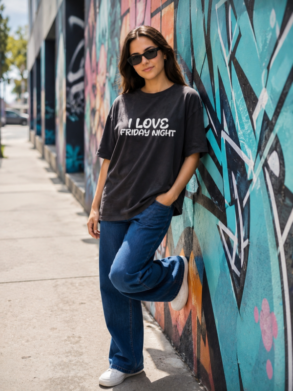 ChatGPT Image Aug 14, 2026, 05_07_09 PM Women Oversized Graphic T-Shirt | I Love Friday Night Print | Cute Cartoon Back Design | Loopknit 240 GSM Cotton | Relaxed Fit Casual Tee