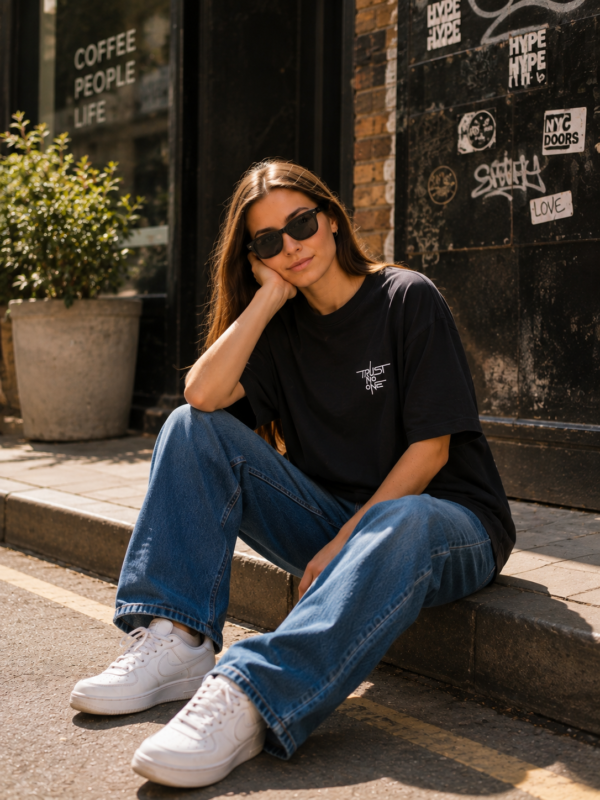 ChatGPT Image Aug 14, 2026, 05_52_02 PM Women Oversized Minimal Graphic T-Shirt | Trust No One Chest Print | Loopknit 240 GSM Cotton | Relaxed Fit Streetwear Tee