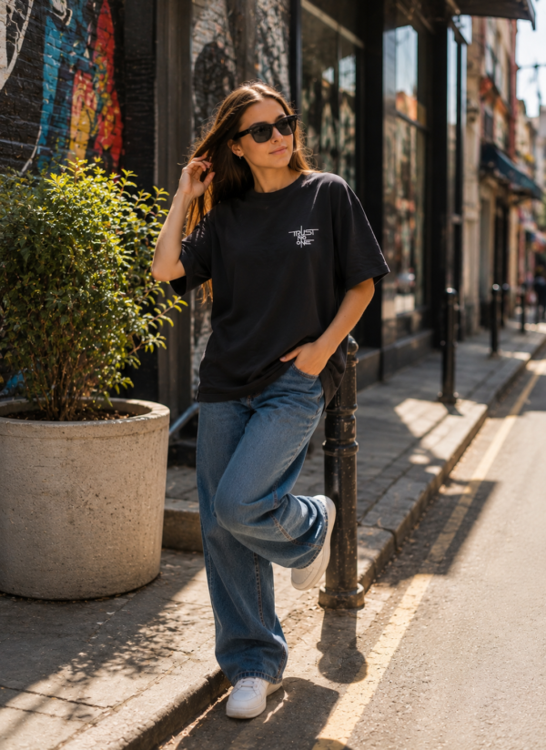 ChatGPT Image Aug 14, 2026, 05_52_05 PM Women Oversized Minimal Graphic T-Shirt | Trust No One Chest Print | Loopknit 240 GSM Cotton | Relaxed Fit Streetwear Tee