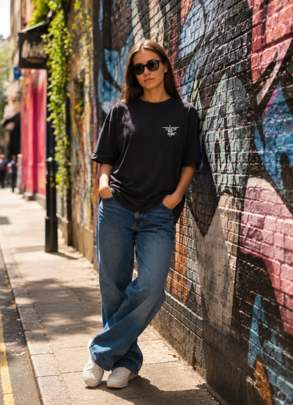 ChatGPT Image Aug 14, 2026, 05_52_10 PM Women Oversized Minimal Graphic T-Shirt | Trust No One Chest Print | Loopknit 240 GSM Cotton | Relaxed Fit Streetwear Tee