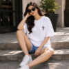 Women Oversized White Graphic Printed T-Shirt | Gothic Cross Back Print | Premium Loopknit Cotton 240 GSM | Trendy Streetwear Casual Tee