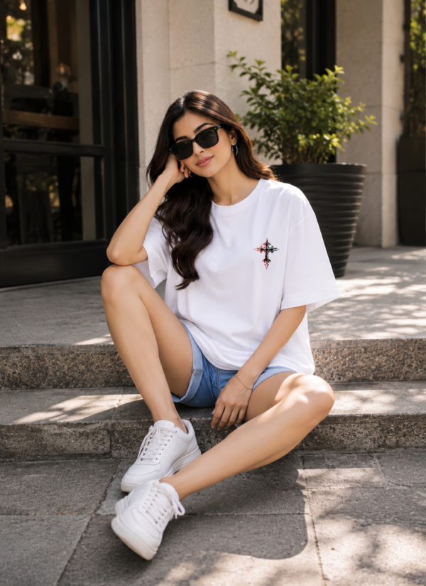 Women Oversized White Graphic Printed T-Shirt | Gothic Cross Back Print | Premium Loopknit Cotton 240 GSM | Trendy Streetwear Casual Tee