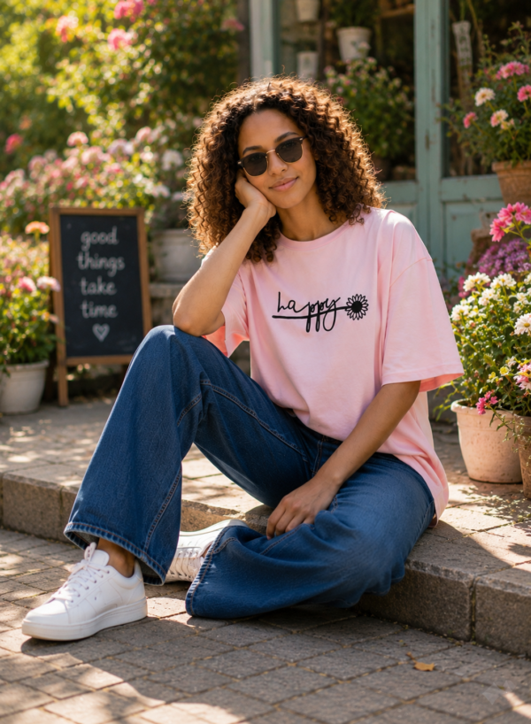 ChatGPT Image Aug 15, 2026, 02_51_28 PM Women Pink Oversized T-Shirt Happy Graphic Print | Premium Loopknit Cotton 240 GSM Casual Streetwear Tee