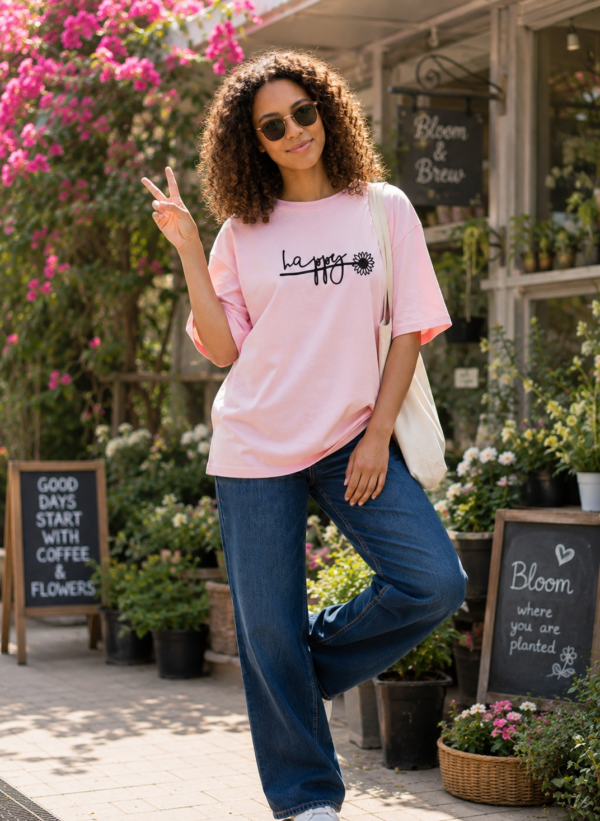 ChatGPT Image Aug 15, 2026, 02_51_33 PM Women Pink Oversized T-Shirt Happy Graphic Print | Premium Loopknit Cotton 240 GSM Casual Streetwear Tee