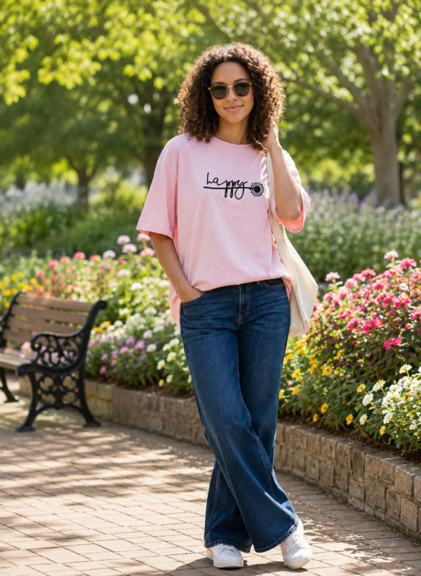 ChatGPT Image Aug 15, 2026, 02_51_38 PM Women Pink Oversized T-Shirt Happy Graphic Print | Premium Loopknit Cotton 240 GSM Casual Streetwear Tee