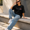 Women Void Walker Oversized Printed T-Shirt Navy Blue & Black | Anime Streetwear Back Print Oversized T-Shirt for Women | Casual & Trendy Girls T-Shirt | Loopknite Fabric 240 GSM by Giftspeaks