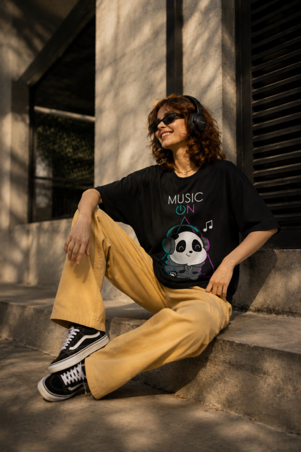 ChatGPT Image Aug 20, 2026, 03_00_06 PM Women's Black Oversized Graphic T-Shirt | Music On Panda Print | Cute Aesthetic Casual Streetwear Tee