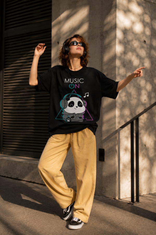 ChatGPT Image Aug 20, 2026, 03_00_20 PM Women's Black Oversized Graphic T-Shirt | Music On Panda Print | Cute Aesthetic Casual Streetwear Tee