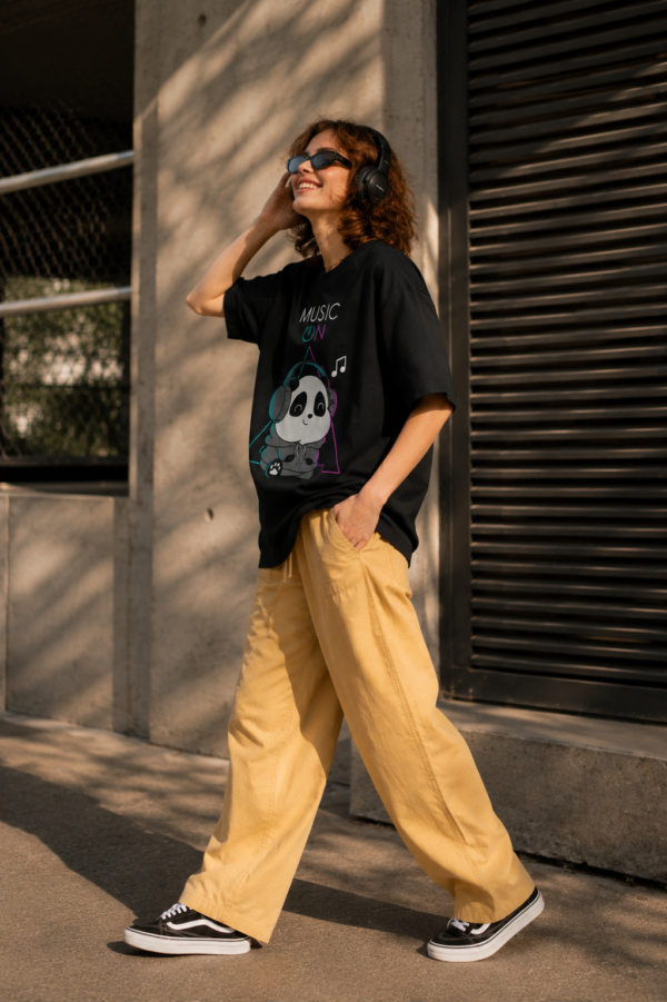 ChatGPT Image Aug 20, 2026, 03_00_21 PM Women's Black Oversized Graphic T-Shirt | Music On Panda Print | Cute Aesthetic Casual Streetwear Tee