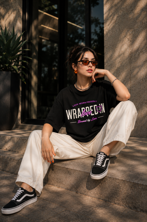 Women's Black Oversized Graphic T-Shirt Wear Your Heart on Your Sleeve Back Print | Premium Loopknit 240 GSM Cotton | Bold Pink & White Typography Design | Casual Streetwear Round Neck Tee for Daily Wear