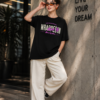 Women's Black Oversized Graphic T-Shirt Wear Your Heart on Your Sleeve Back Print | Premium Loopknit 240 GSM Cotton | Bold Pink & White Typography Design | Casual Streetwear Round Neck Tee for Daily Wear
