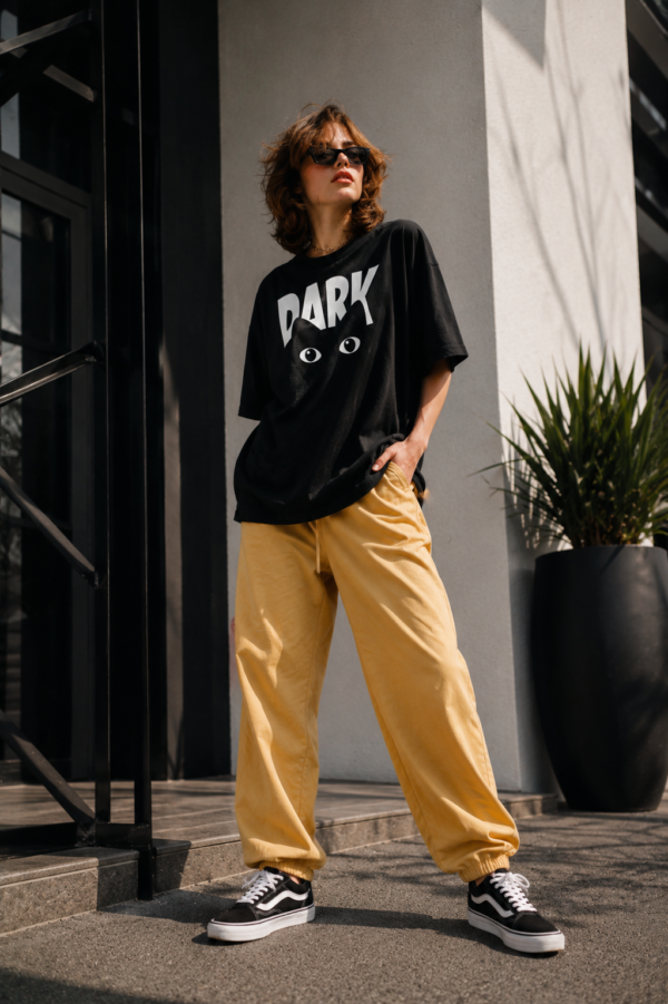 Women's Black Oversized Graphic T-Shirt with DARK Typography & Eye Print | Trendy Streetwear Casual Tee | Soft Cotton Relaxed Fit Fashion Top