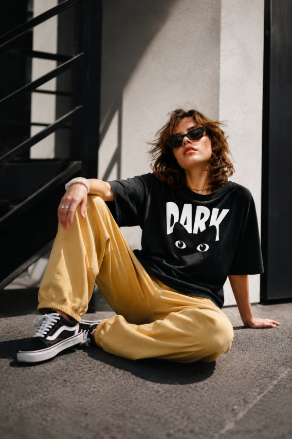 Women's Black Oversized Graphic T-Shirt with DARK Typography & Eye Print | Trendy Streetwear Casual Tee | Soft Cotton Relaxed Fit Fashion Top