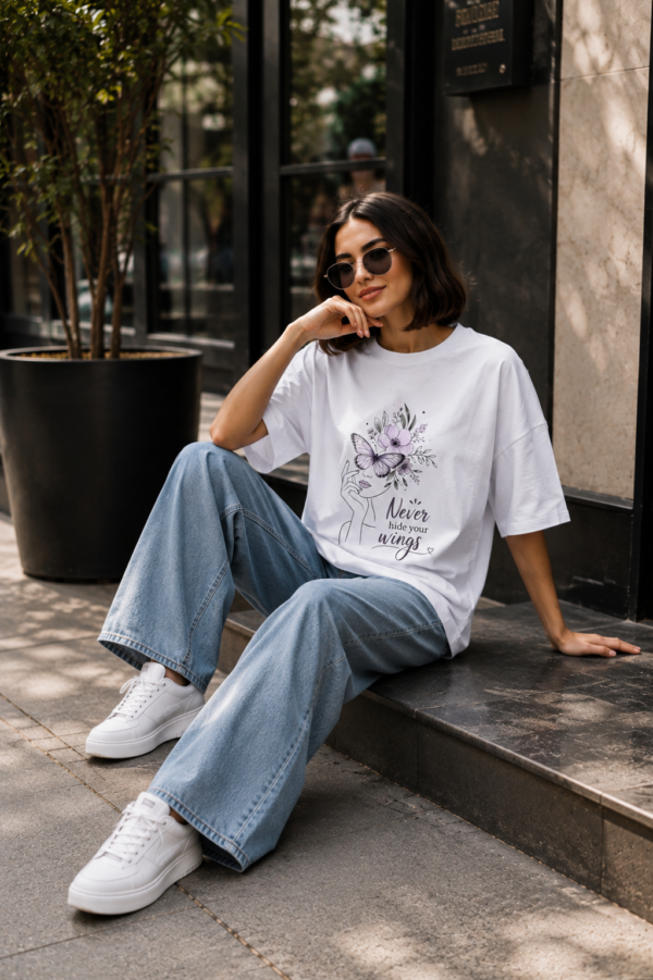 Women's Oversized Butterfly Floral Graphic Printed T-Shirt | Trendy White Aesthetic Typography Baggy Tee for Girls & Women | Casual Drop Shoulder Half Sleeve Round Neck Streetwear Fashion T-Shirt | Loopknit 240 GSM Premium Oversized Fit