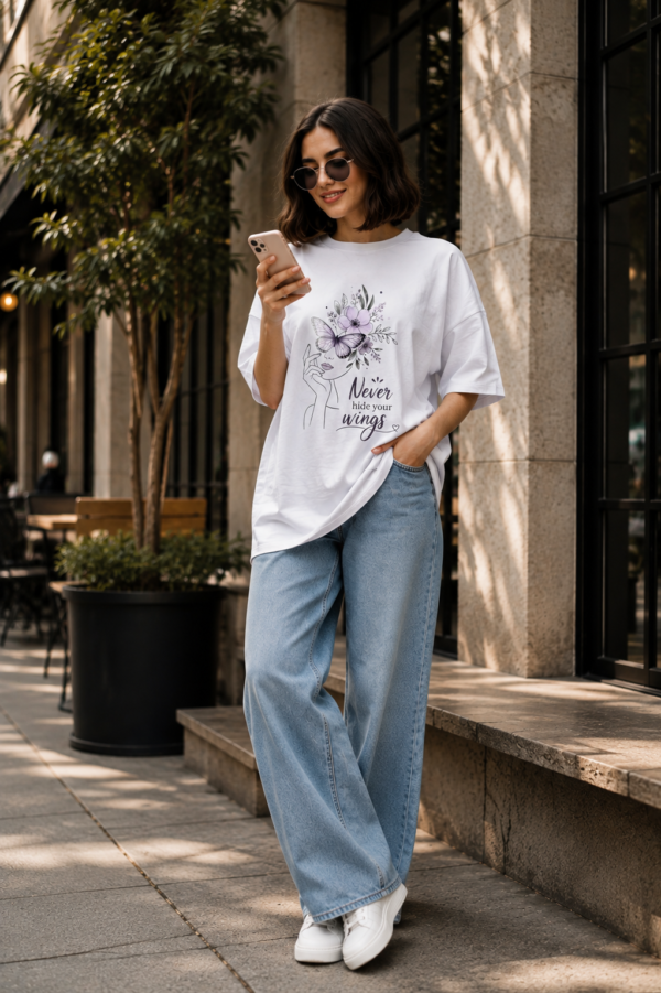 Women's Oversized Butterfly Floral Graphic Printed T-Shirt | Trendy White Aesthetic Typography Baggy Tee for Girls & Women | Casual Drop Shoulder Half Sleeve Round Neck Streetwear Fashion T-Shirt | Loopknit 240 GSM Premium Oversized Fit