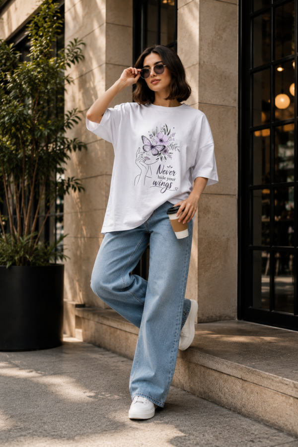 Women's Oversized Butterfly Floral Graphic Printed T-Shirt | Trendy White Aesthetic Typography Baggy Tee for Girls & Women | Casual Drop Shoulder Half Sleeve Round Neck Streetwear Fashion T-Shirt | Loopknit 240 GSM Premium Oversized Fit