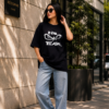 Women's Oversized No Fear Graphic Printed T-Shirt | Trendy Navy Blue Typography Streetwear Baggy Tee for Girls & Women | Casual Drop Shoulder Half Sleeve Round Neck Fashion T-Shirt | Loopknit 240 GSM Premium Oversized Fit