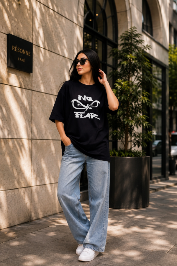 Women's Oversized No Fear Graphic Printed T-Shirt | Trendy Navy Blue Typography Streetwear Baggy Tee for Girls & Women | Casual Drop Shoulder Half Sleeve Round Neck Fashion T-Shirt | Loopknit 240 GSM Premium Oversized Fit