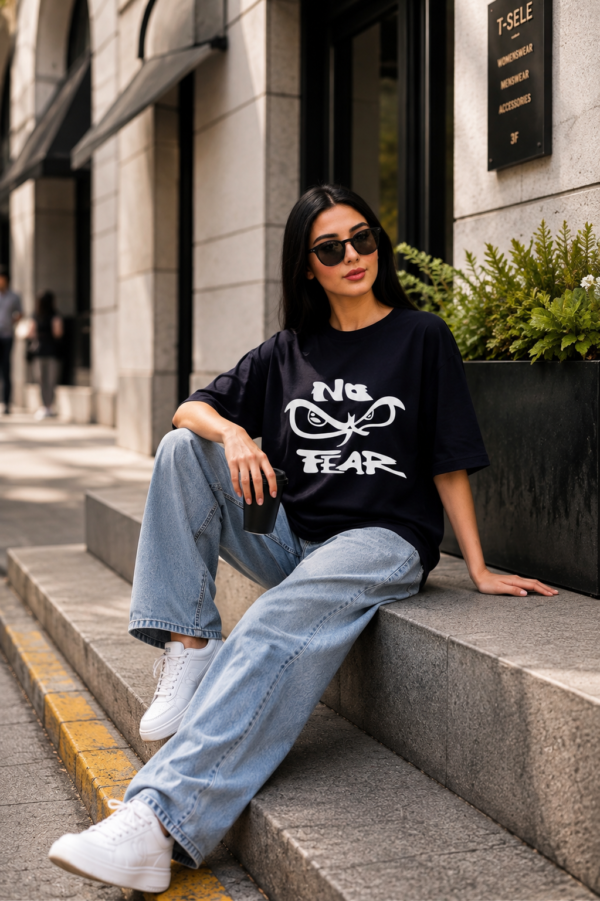 Women's Oversized No Fear Graphic Printed T-Shirt | Trendy Navy Blue Typography Streetwear Baggy Tee for Girls & Women | Casual Drop Shoulder Half Sleeve Round Neck Fashion T-Shirt | Loopknit 240 GSM Premium Oversized Fit