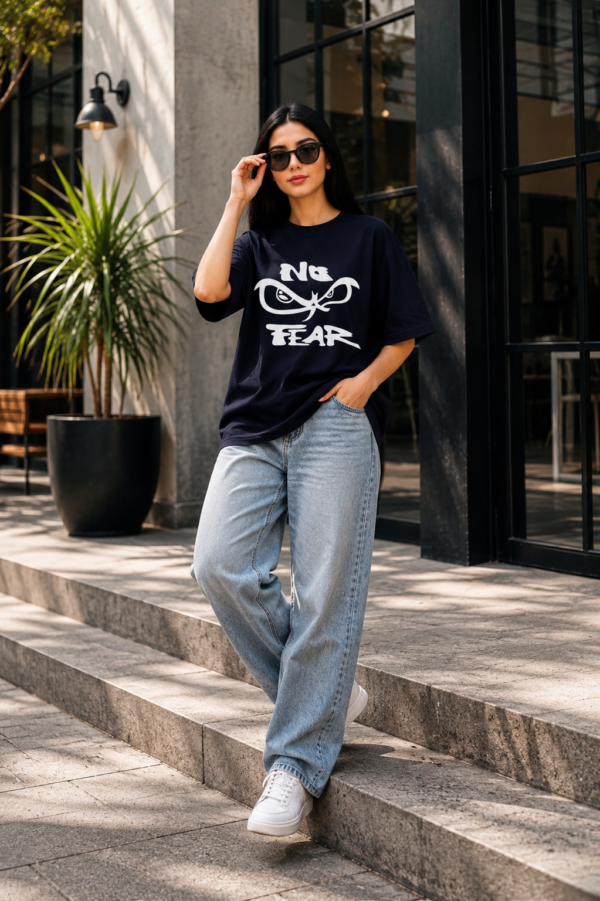 Women's Oversized No Fear Graphic Printed T-Shirt | Trendy Navy Blue Typography Streetwear Baggy Tee for Girls & Women | Casual Drop Shoulder Half Sleeve Round Neck Fashion T-Shirt | Loopknit 240 GSM Premium Oversized Fit