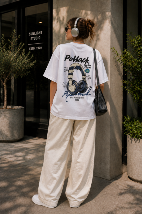 Womens Oversized White Graphic T-Shirt Headphone Back Print Casual Wear