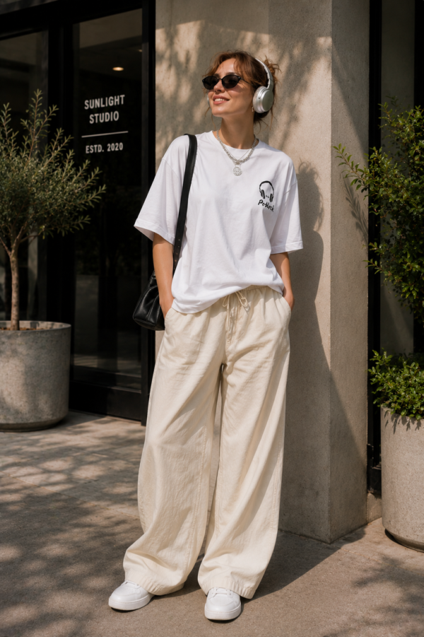 Womens Oversized White Graphic T-Shirt Headphone Back Print Casual Wear