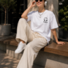 Womens Oversized White Graphic T-Shirt Headphone Back Print Casual Wear