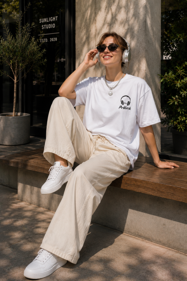 Womens Oversized White Graphic T-Shirt Headphone Back Print Casual Wear