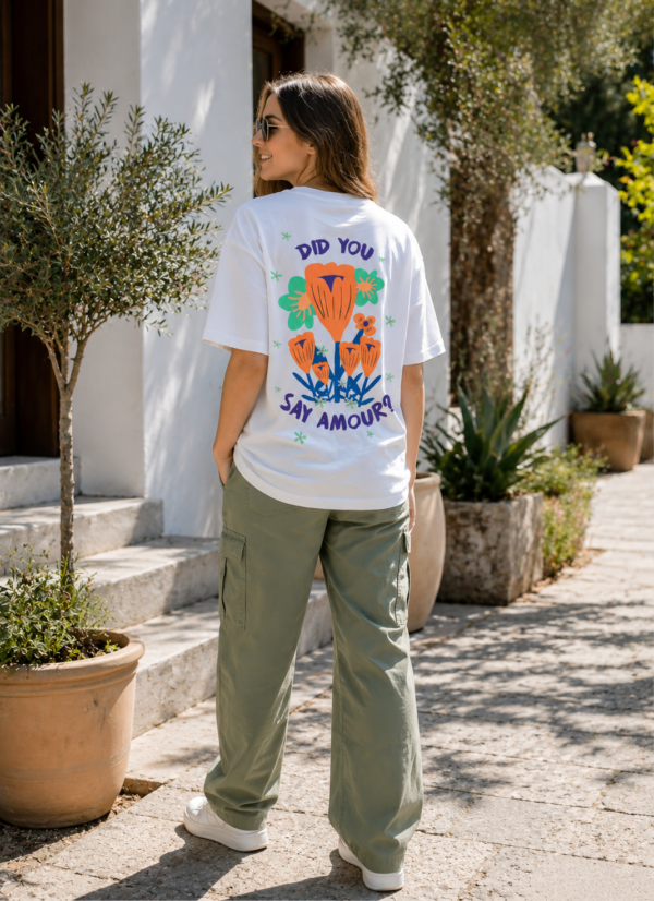 Womens Oversized White T-Shirt | Floral “Say Amour” Graphic Print | Loopknit 240 GSM Premium Heavy Fabric | Cute Aesthetic Streetwear T-Shirt for Women