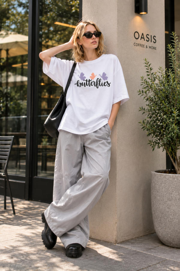 Womens White Oversized T-Shirt with Butterfly Print | Cute Aesthetic Graphic Tee for Everyday Wear