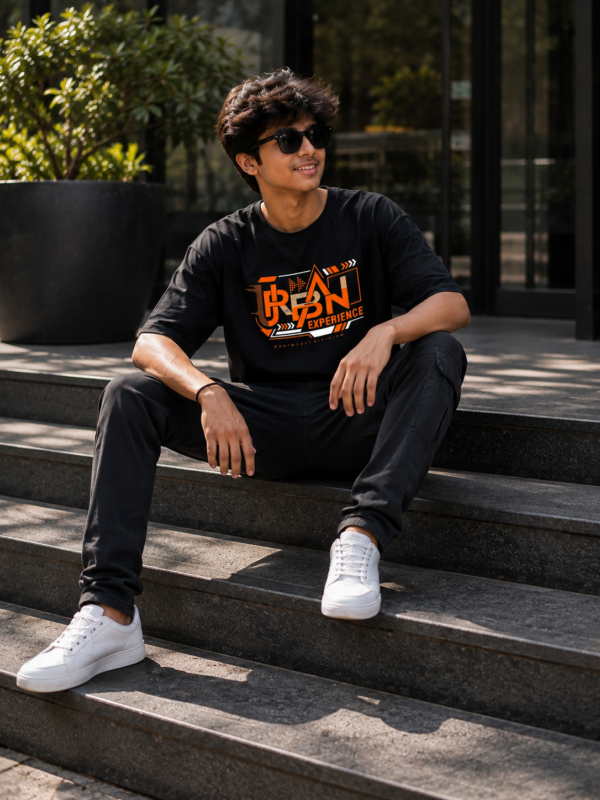 Urban Experience Black Oversized T-Shirt for Men | Modern Street Typography DTF Print Tee | Premium Loopknit 240 GSM Casual Wear By Giftspeaks