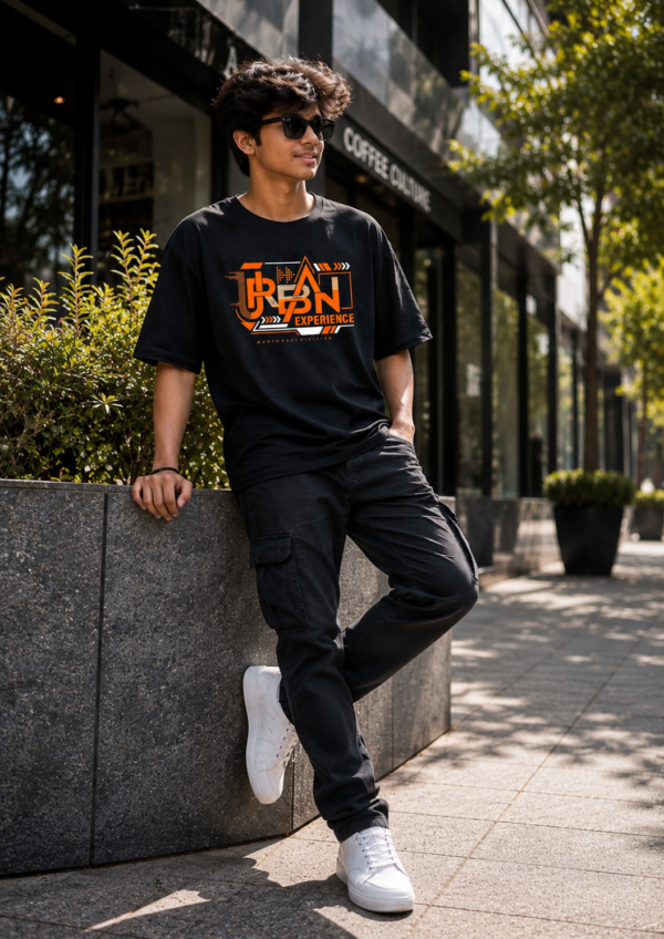 Urban Experience Black Oversized T-Shirt for Men | Modern Street Typography DTF Print Tee | Premium Loopknit 240 GSM Casual Wear By Giftspeaks