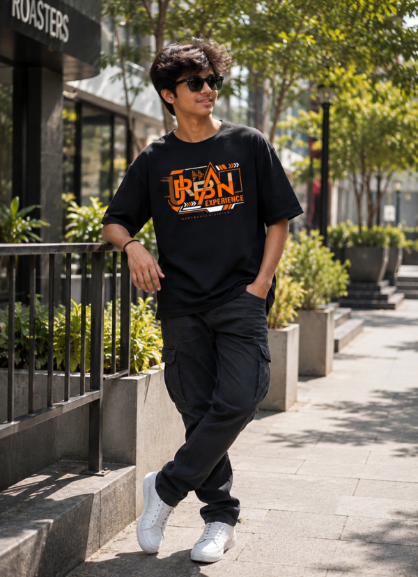 Urban Experience Black Oversized T-Shirt for Men | Modern Street Typography DTF Print Tee | Premium Loopknit 240 GSM Casual Wear By Giftspeaks