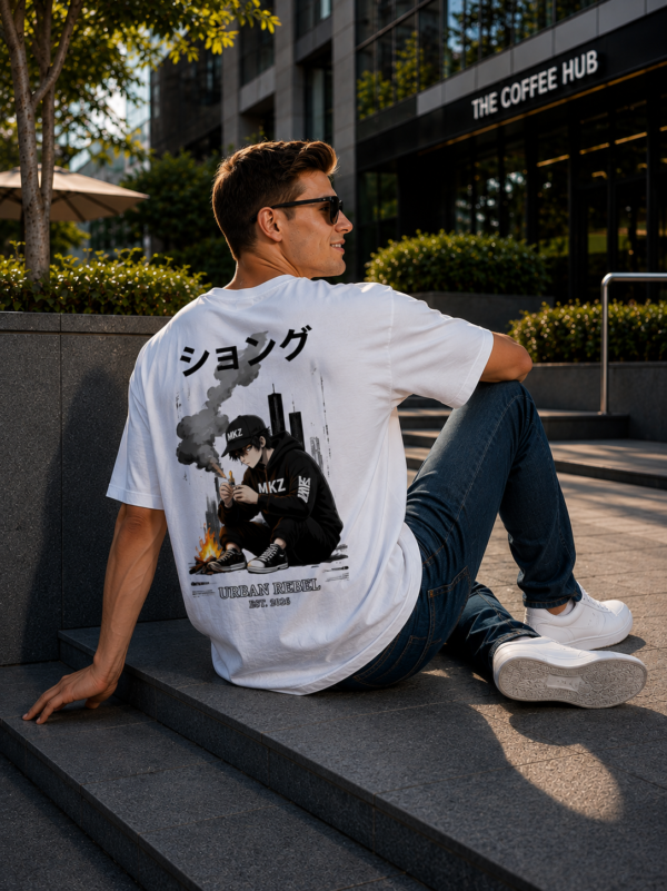 Urban Rebel Oversized T-Shirt for Men | Anime Graphic Back Print | Loopknit 240 GSM Premium Cotton | Streetwear Drop Shoulder Tee